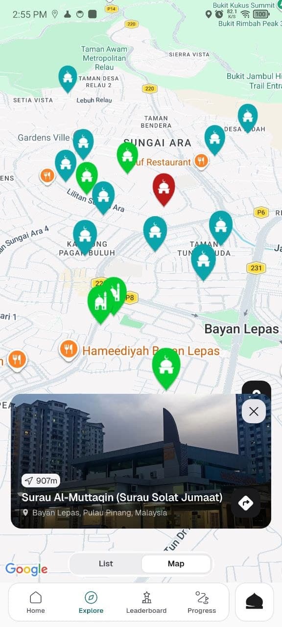 Paparan peta pencarian masjid dalam aplikasi Qiyam